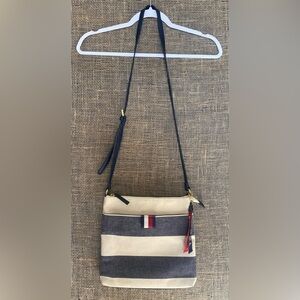 Tommy Hilfiger Canvas Crossbody/Shoulder Purse, Blue/Beige Striped, Adjustable